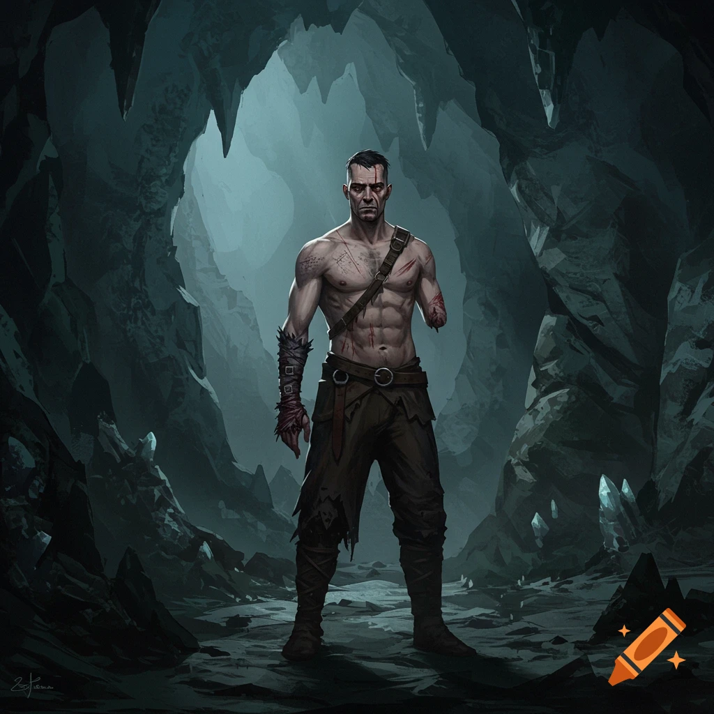 A man with a missing arm standing in a dark cave.