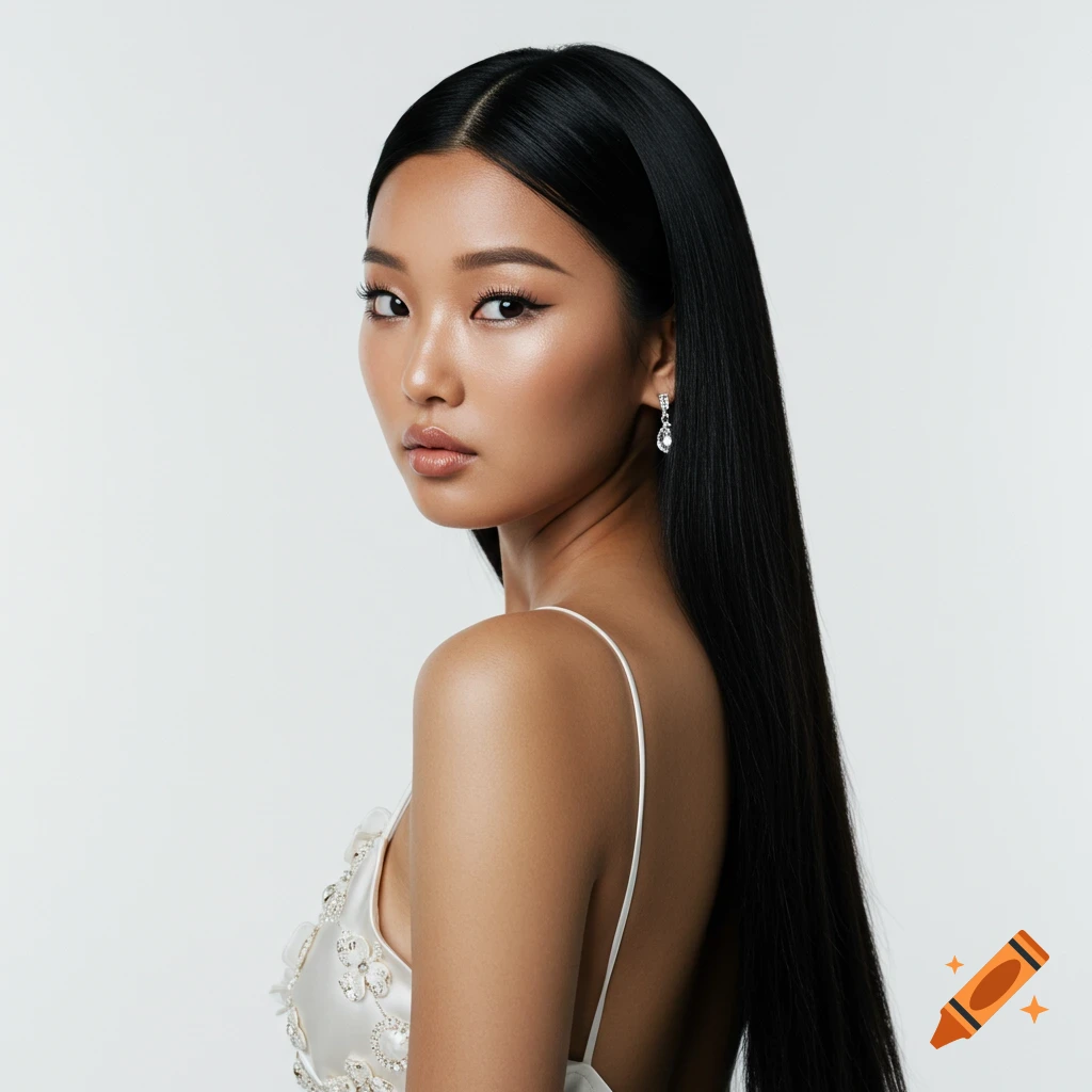 Close-up portrait of a woman with long black hair wearing a white dress and earrings