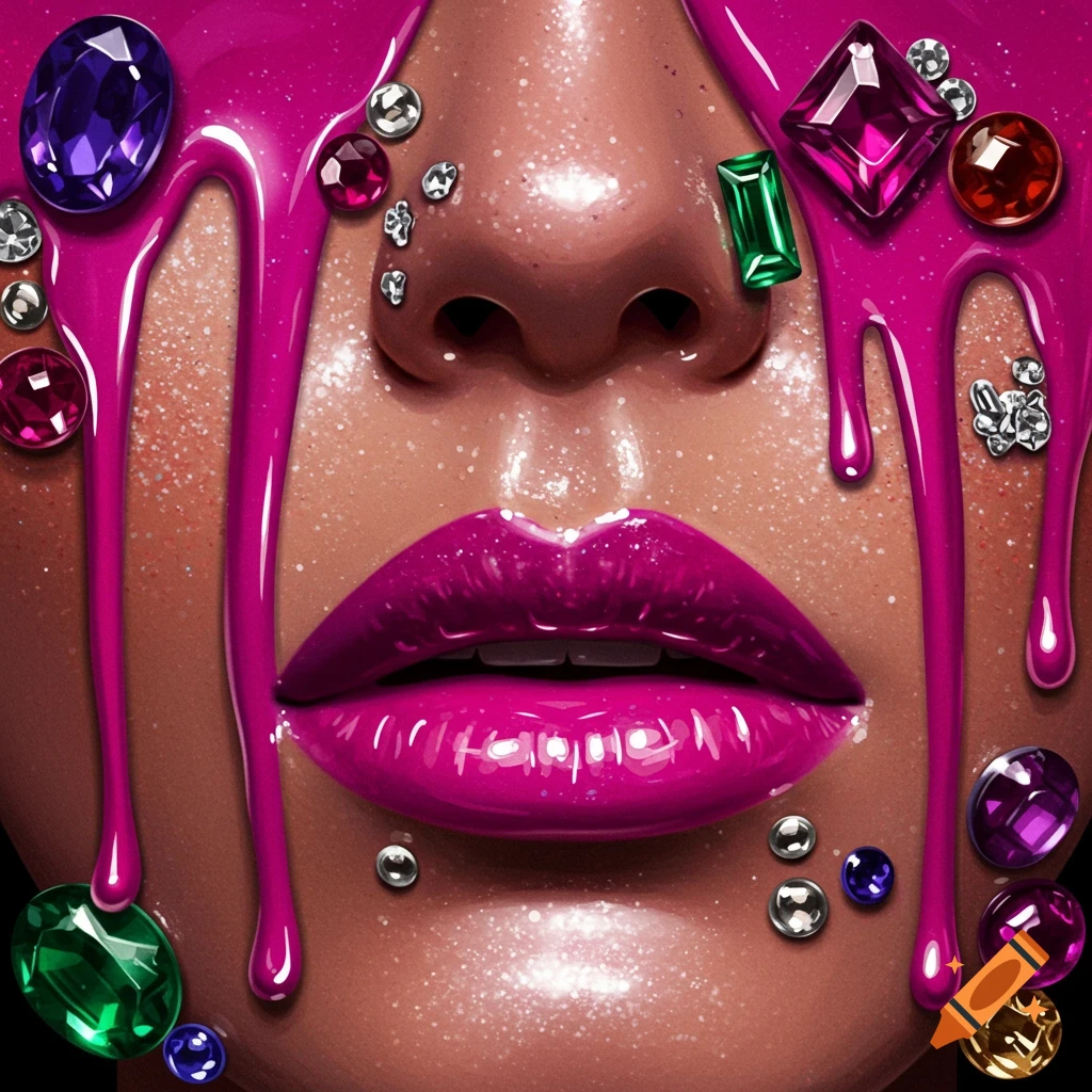 Close-up of lips, nose, and cheek covered in pink drip, jewels, and sparkles.