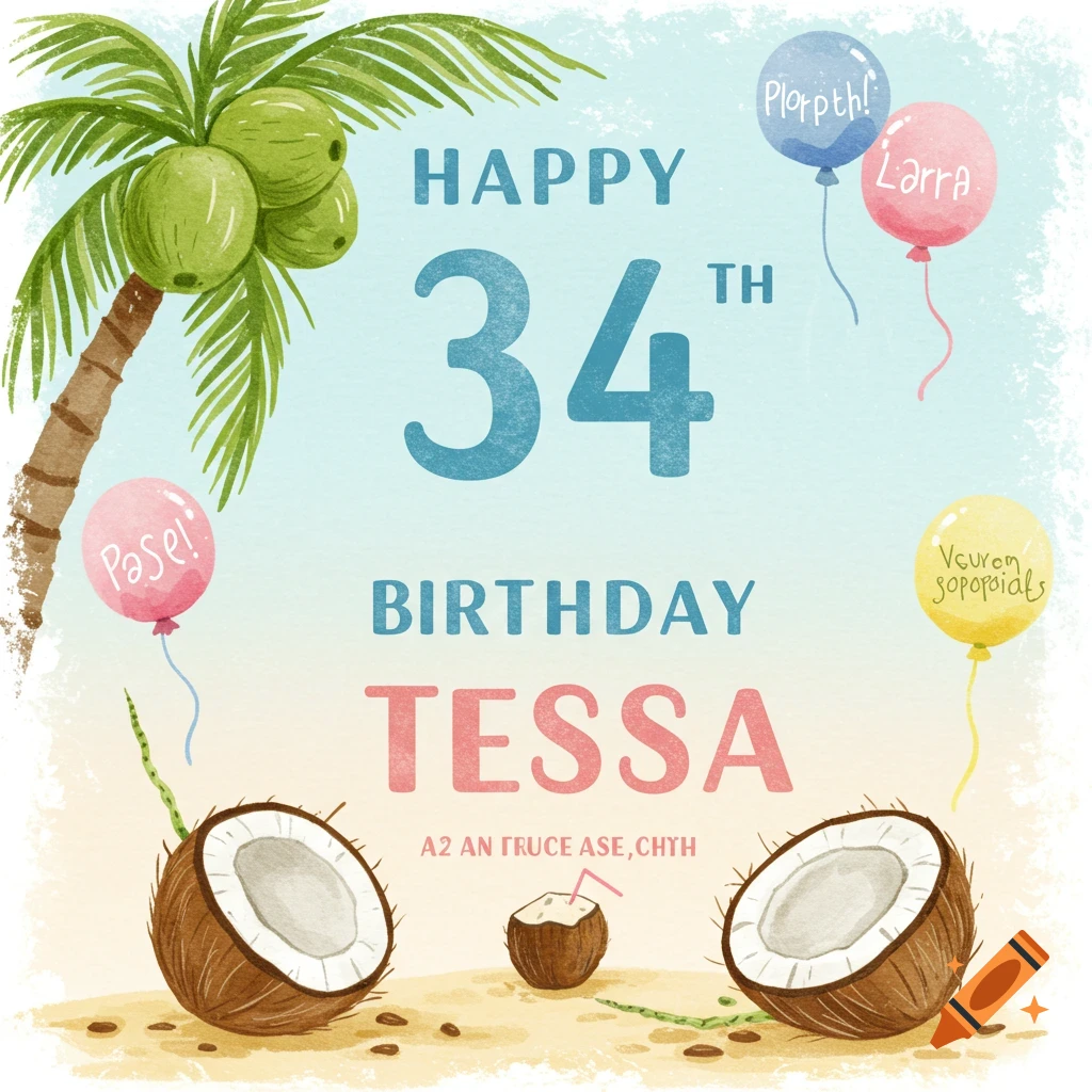 Watercolor illustration of a birthday card with a palm tree, coconuts, balloons, and the text "Happy 34th Birthday Tessa".