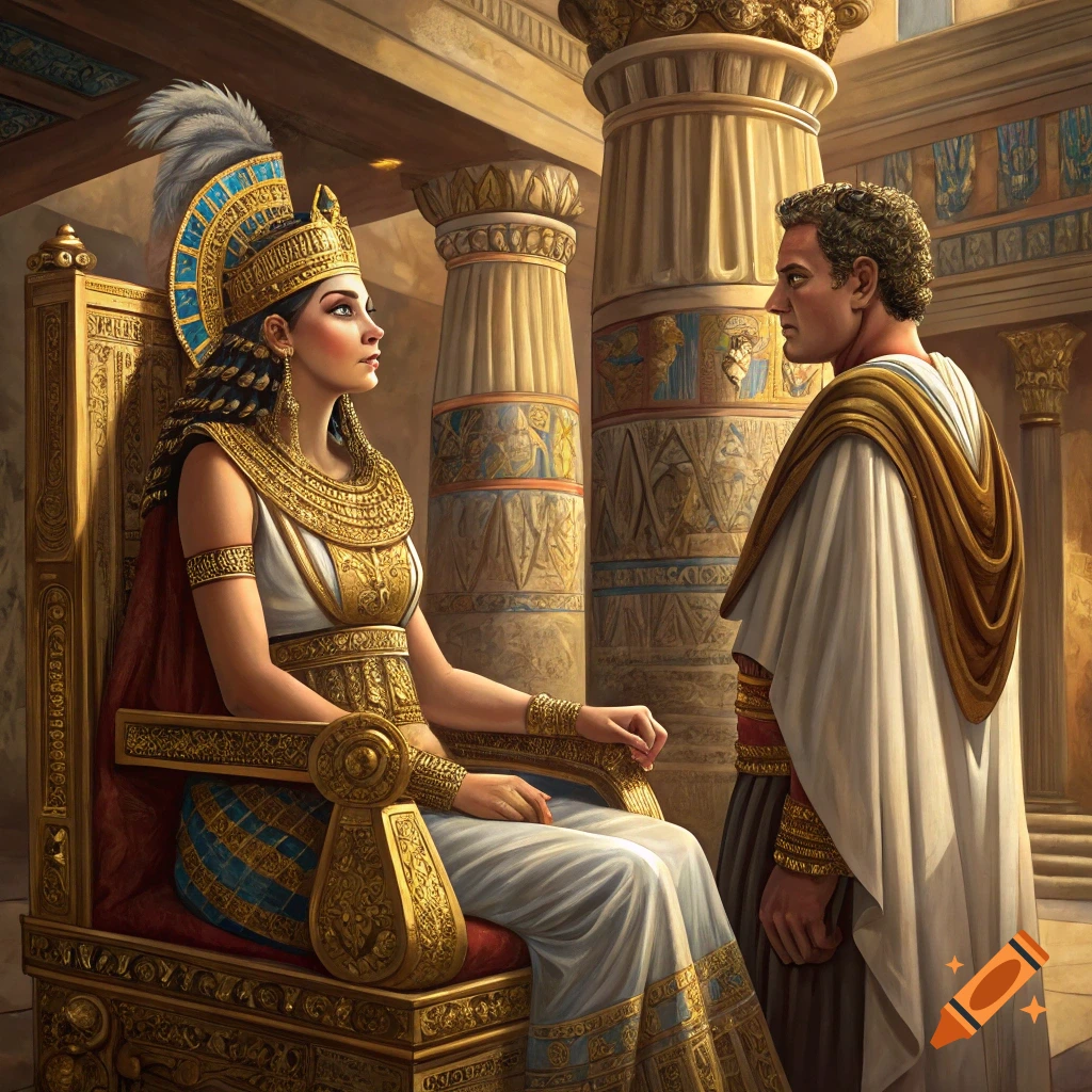 Cleopatra sits on a golden throne talking to Mark Antony in an ancient Egyptian hall with columns.