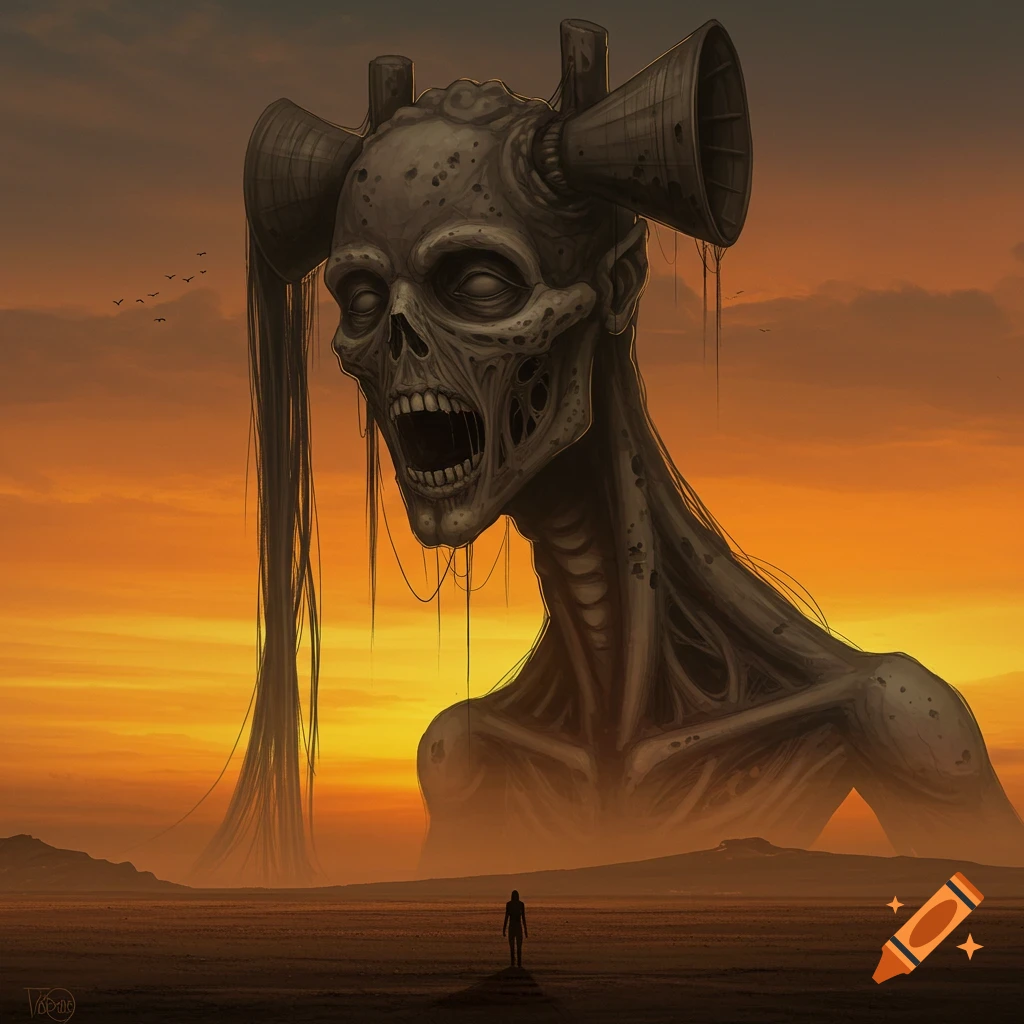 A giant skeletal creature with speaker horns towers over a person in a desert landscape at sunset.