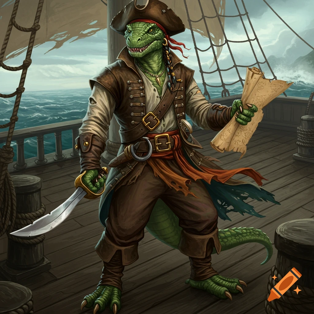 A lizardfolk pirate stands on a ship deck, holding a map and saber. on ...