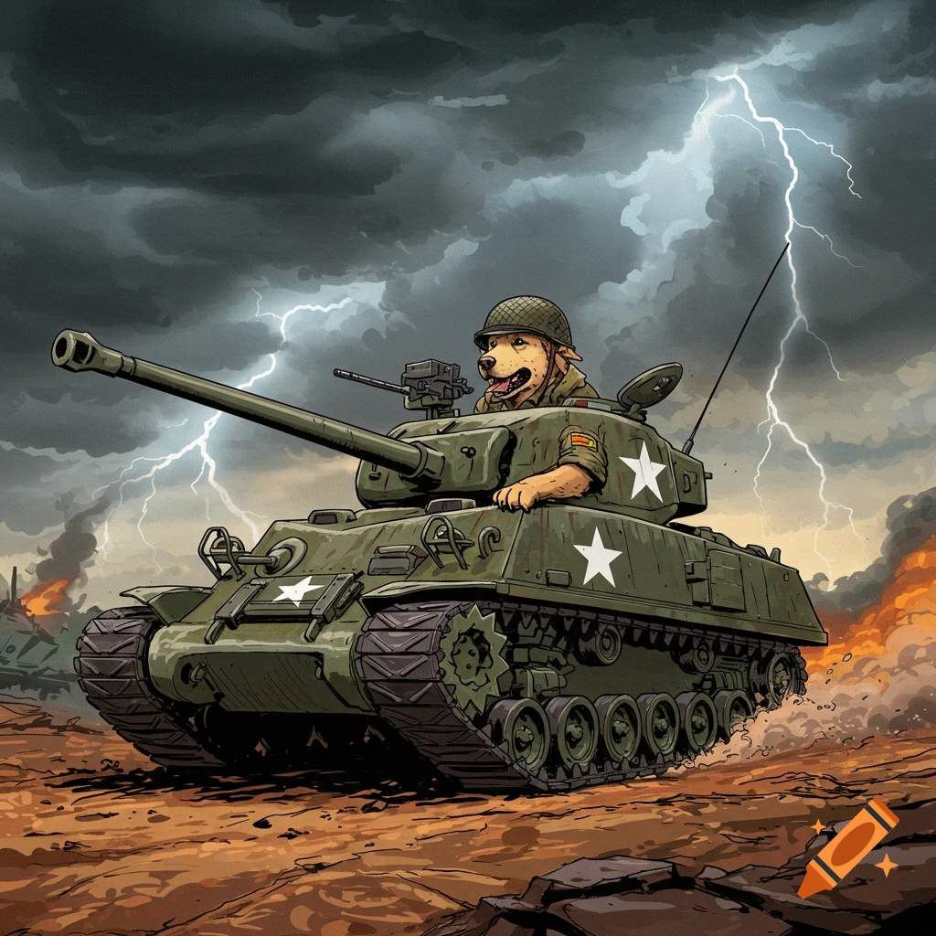 A cartoonish dog in a military helmet drives a tank through a stormy, battle-scarred landscape with lightning in the sky.