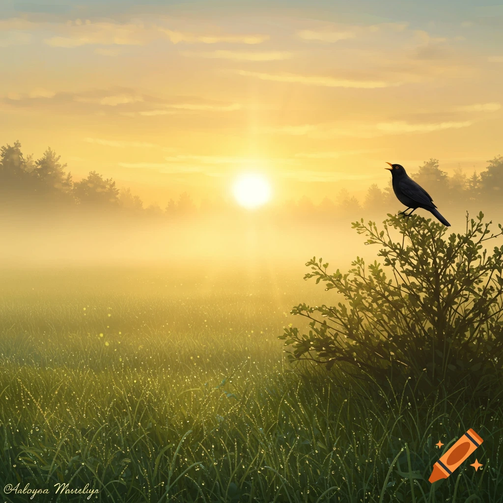 A sunrise over a misty field with a bird singing on a bush.