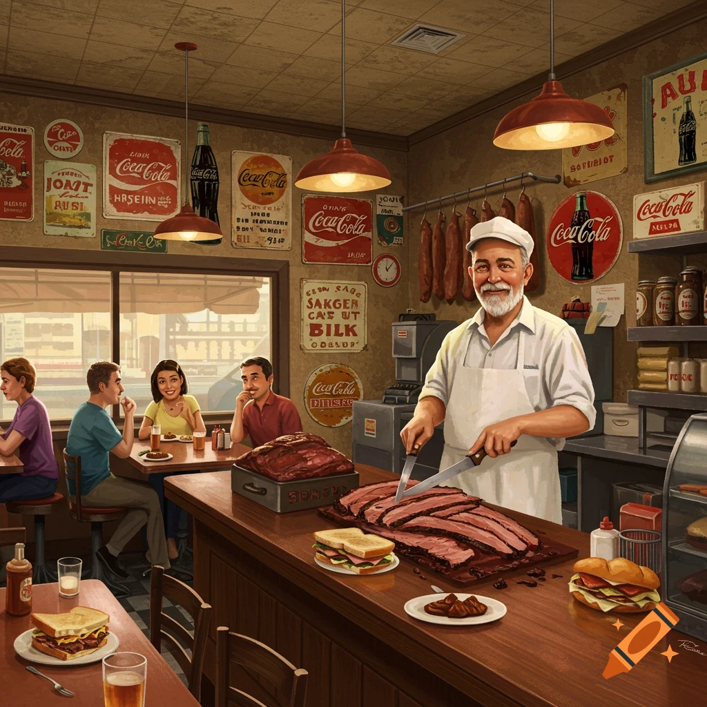 A butcher carves meat at a vintage New York style deli with customers eating in the background.