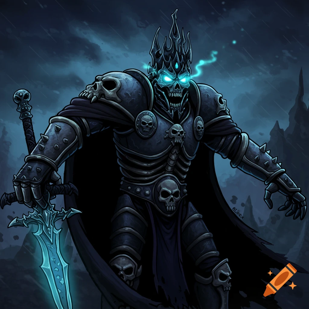A skeletal warrior in dark armor holds a glowing sword in a stormy setting.
