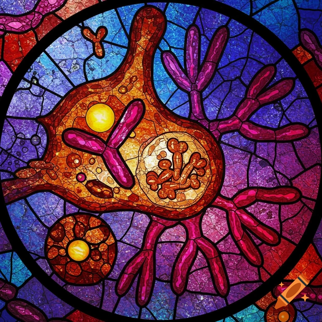 A dividing cell or chromosomes in a stained glass style.