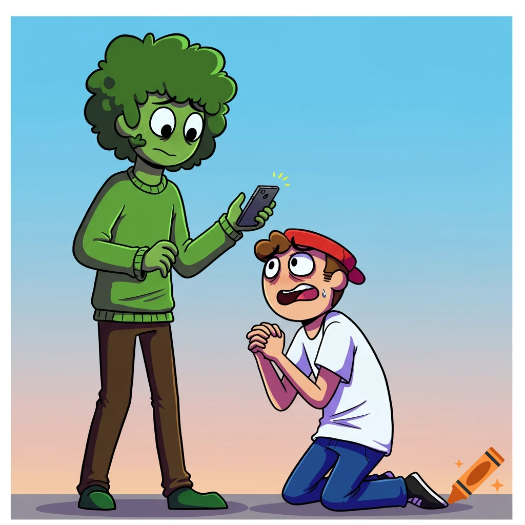 A tall green cartoon character holds a phone looking down at a shorter character kneeling and pleading.