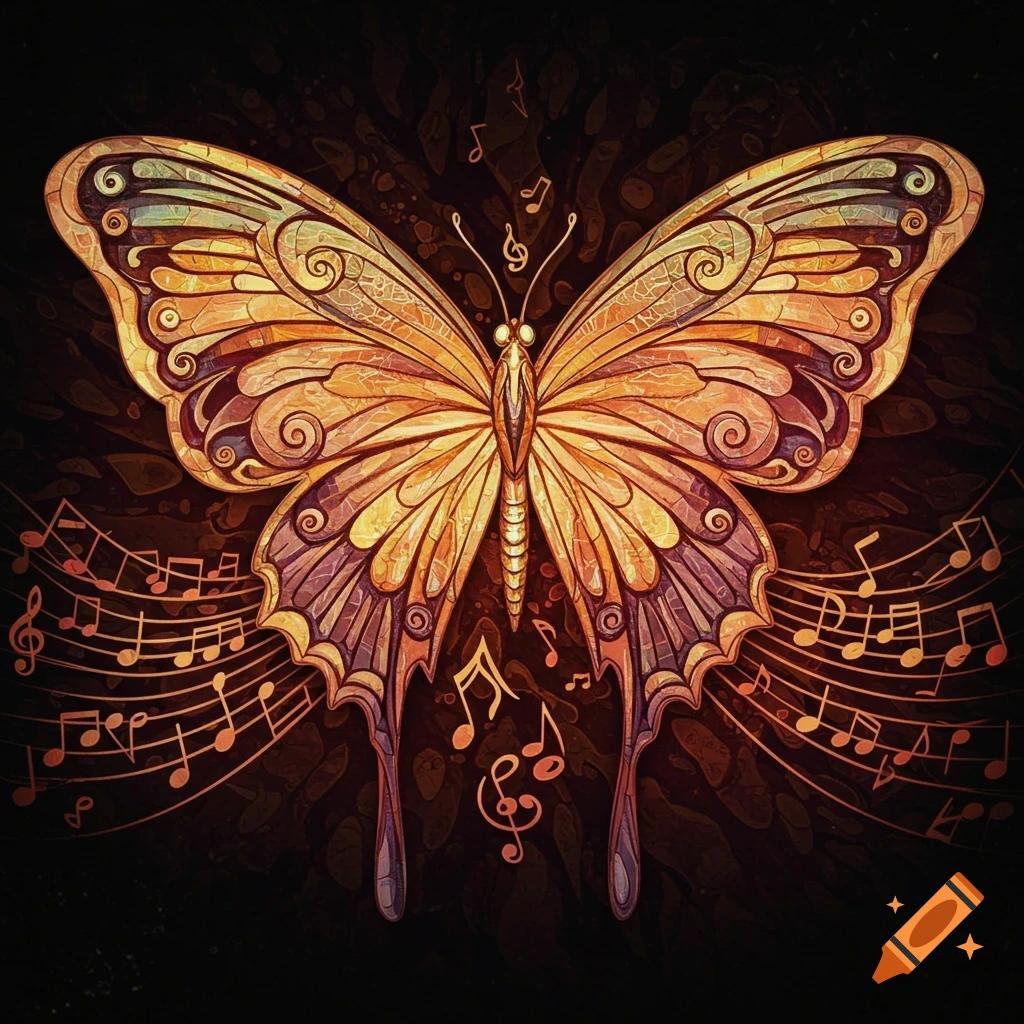 A butterfly with warm-toned wings is surrounded by musical notes.