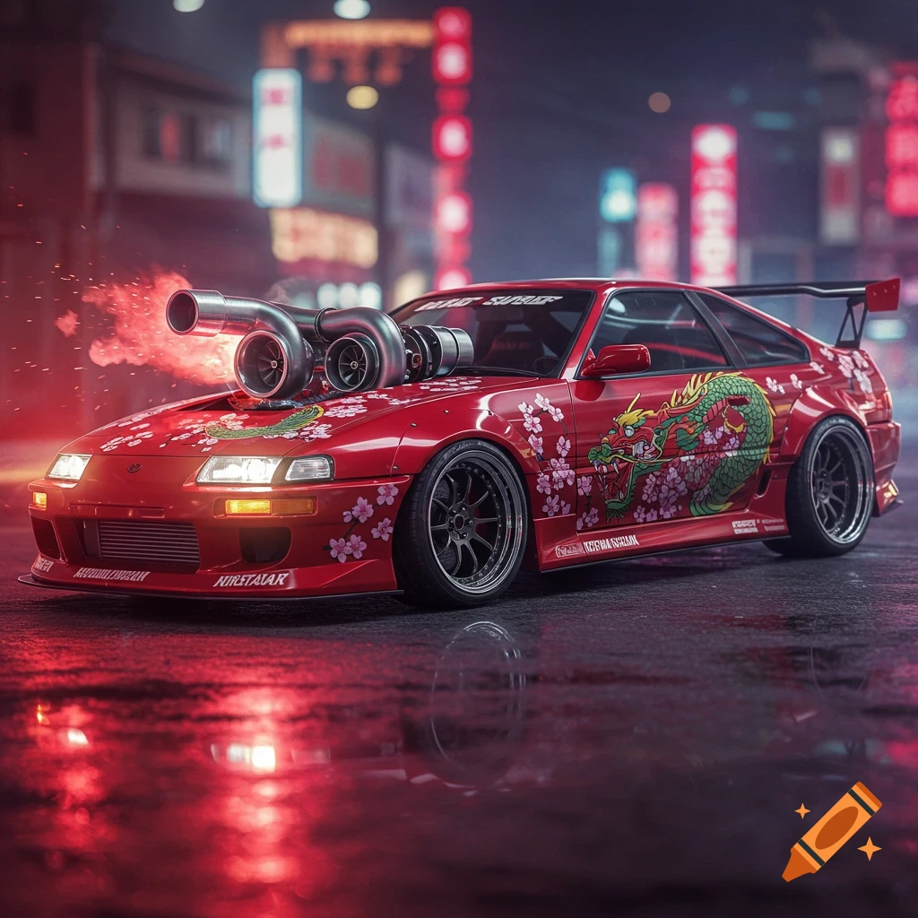 A red custom car with large turbos exiting the hood, decorated with a dragon and cherry blossoms, sits on a wet city street at night.