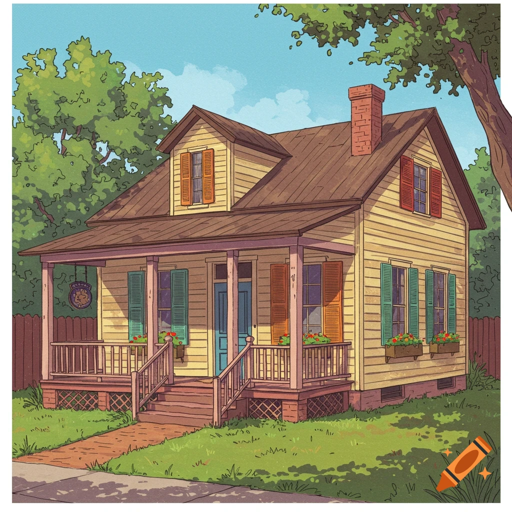 A yellow Cajun-style house with a porch and colorful shutters.