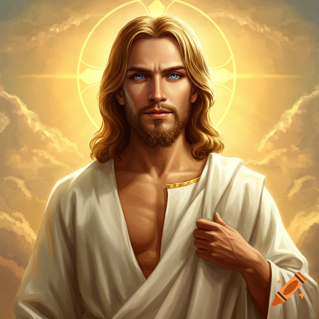 Portrait of Jesus with a halo against a sky background