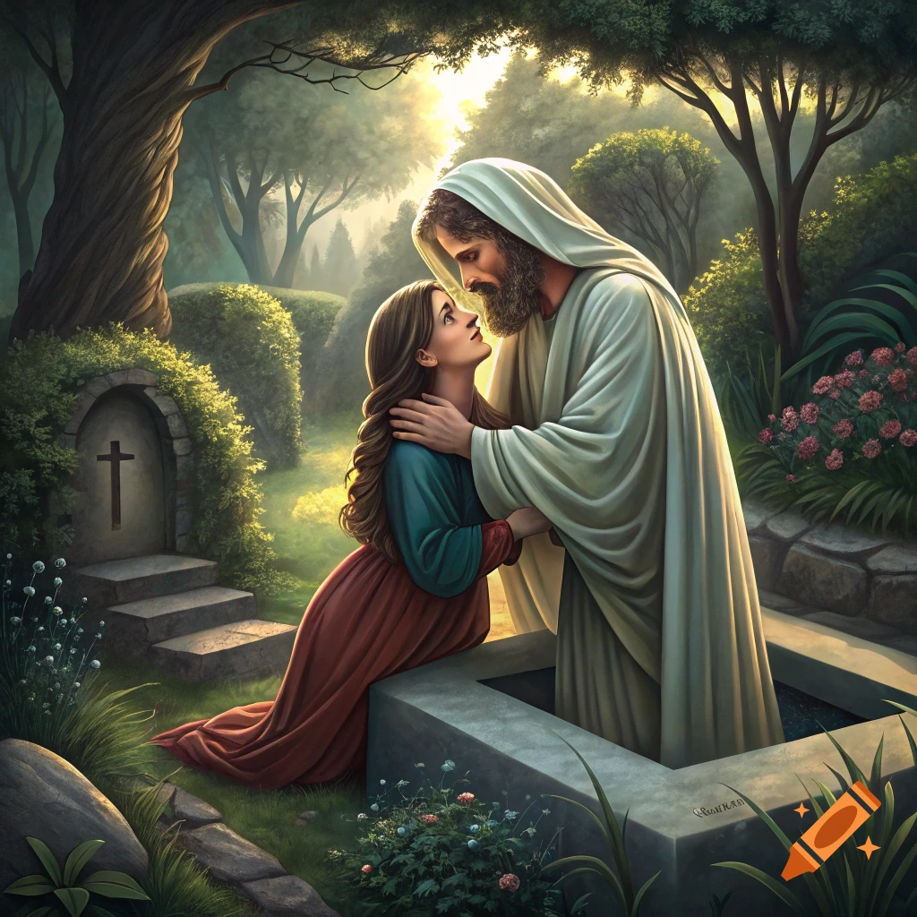 Painting of Jesus and Mary Magdalene embracing by a tomb in a garden.