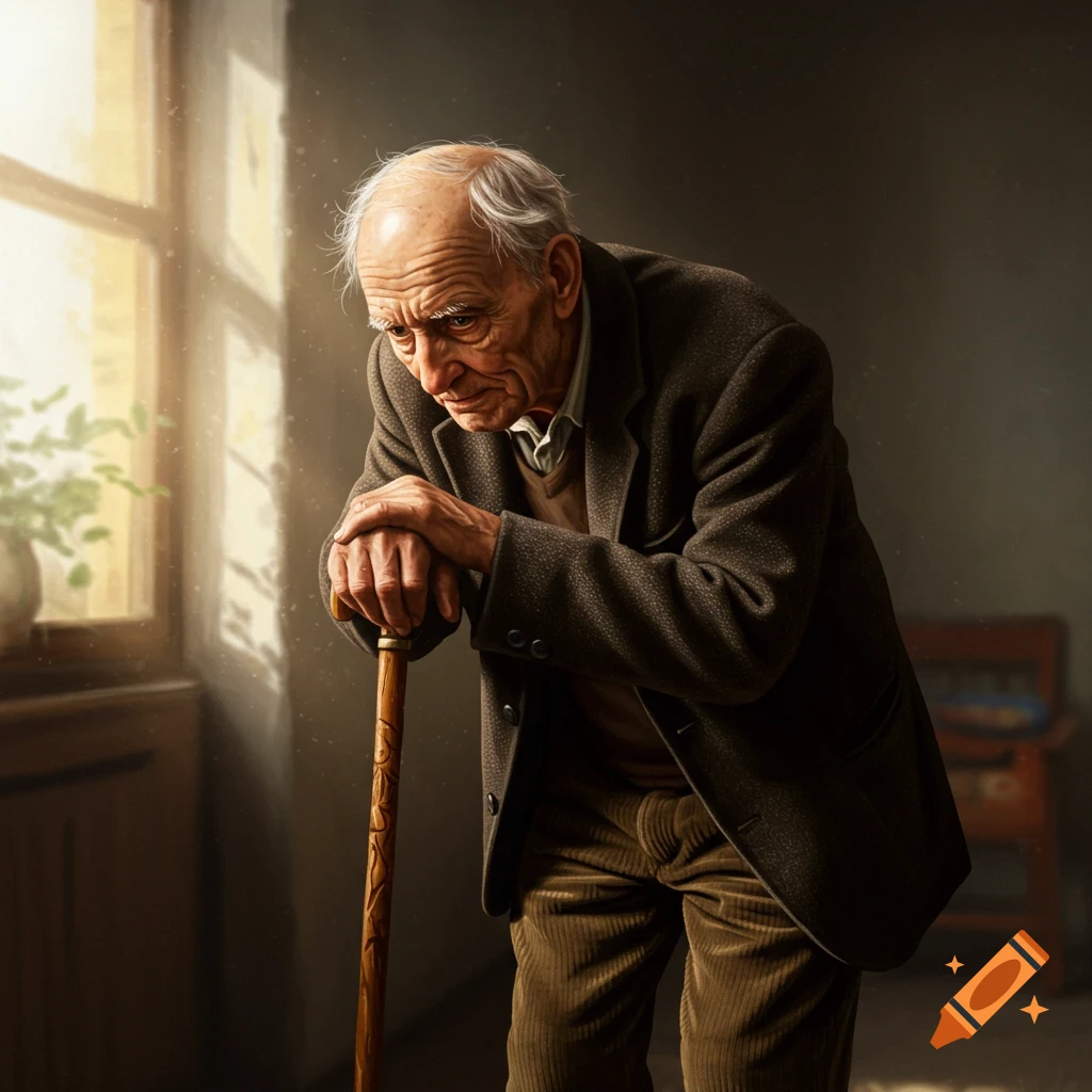 An old man hunched over a cane by a window.