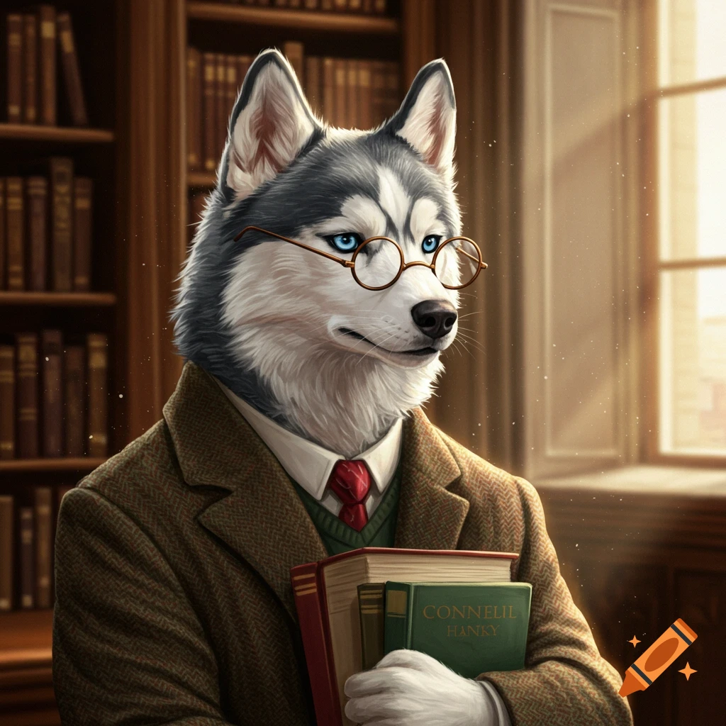 Painting of a husky professor wearing glasses and a tweed jacket, holding books in a library.