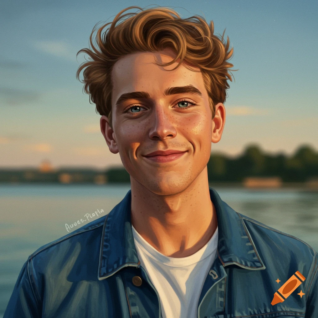 A young man is smiling outdoors by the water.