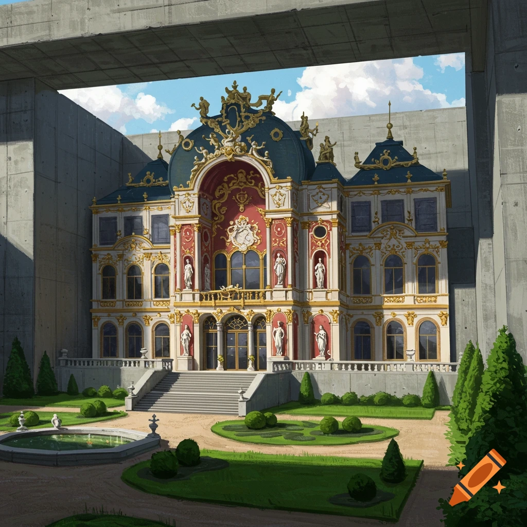 An ornate palace and garden framed by concrete brutalist walls.