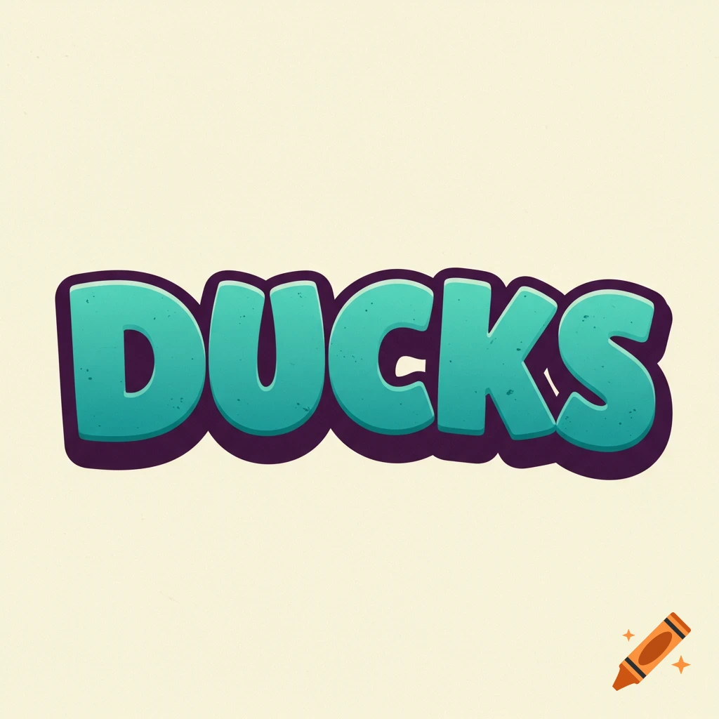 Stylized teal and purple word art spelling DUCKS.