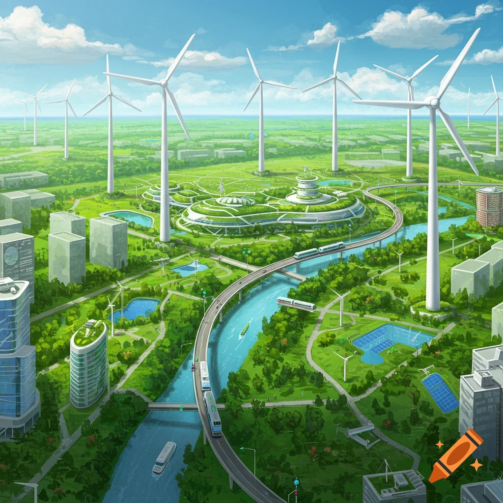 A sustainable futuristic city powered by wind turbines and solar panels, with green spaces, rivers, and modern buildings.
