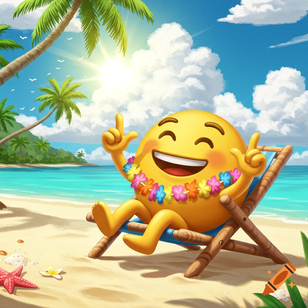 A happy emoji wearing a lei and relaxing on a beach chair under palm trees by the ocean.