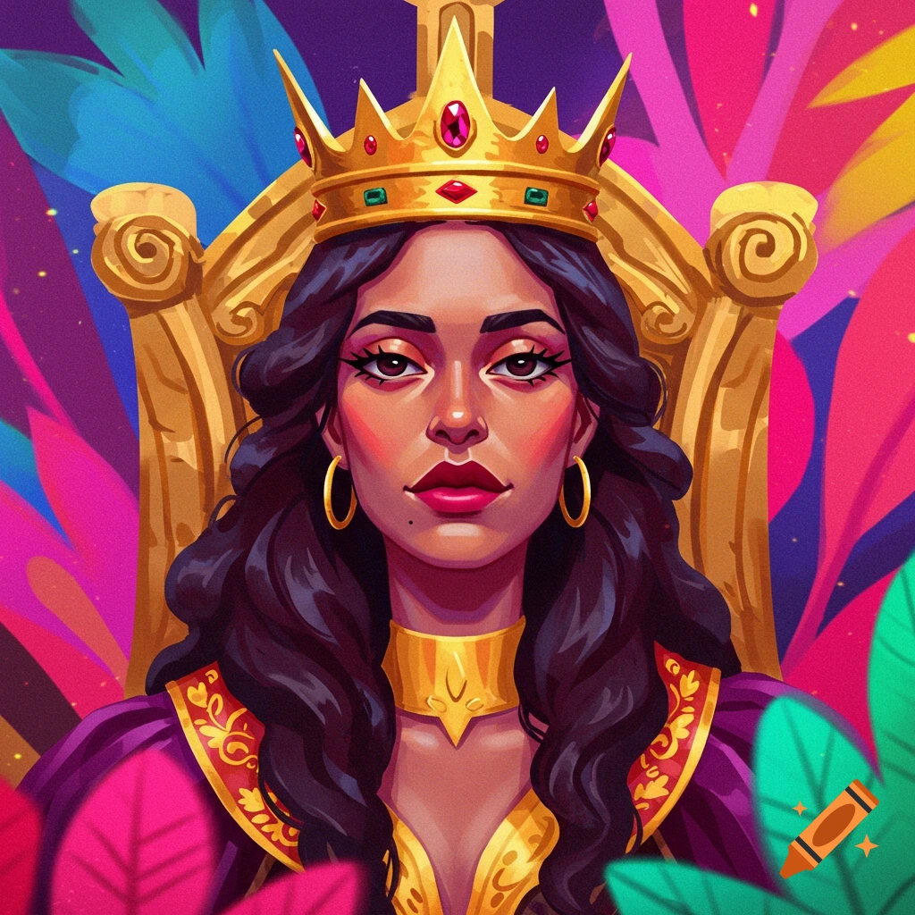 A queen wearing a crown and sitting on a golden throne, with a bright, colorful, abstract background.
