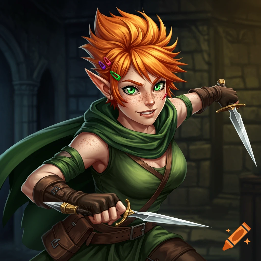 An orange-haired half-elf rogue with freckles holds two daggers in a dungeon.