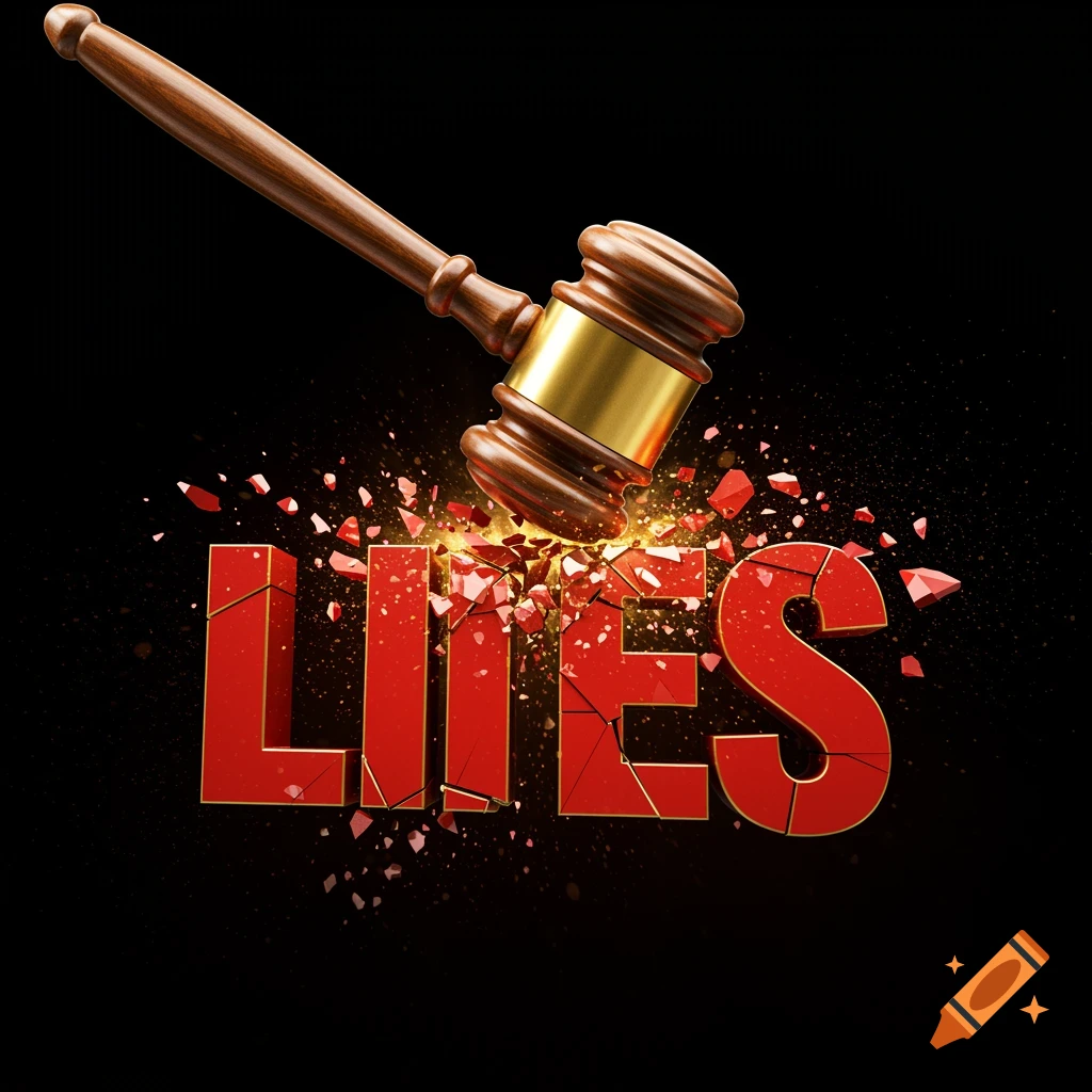 A gavel smashes the red word 'LIES' into fragments on a black background, symbolizing justice.