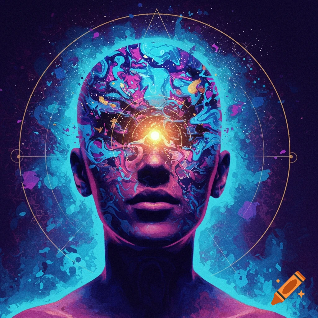 Abstract image of a person's head filled with swirling blue, purple, and gold patterns and a bright light on the forehead.