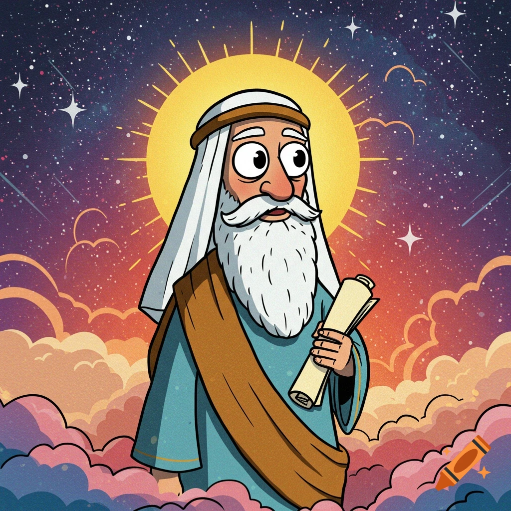 Cartoon prophet holding a scroll among clouds and stars with a halo.