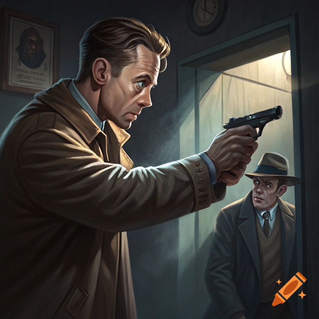 Illustration of a man in a trench coat pointing a pistol at another man in a dark hallway.