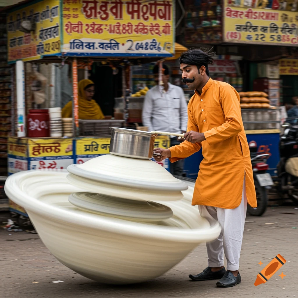 A man in an orange kurta spins a large bowl of lassi on a street in India, signs visible in background.