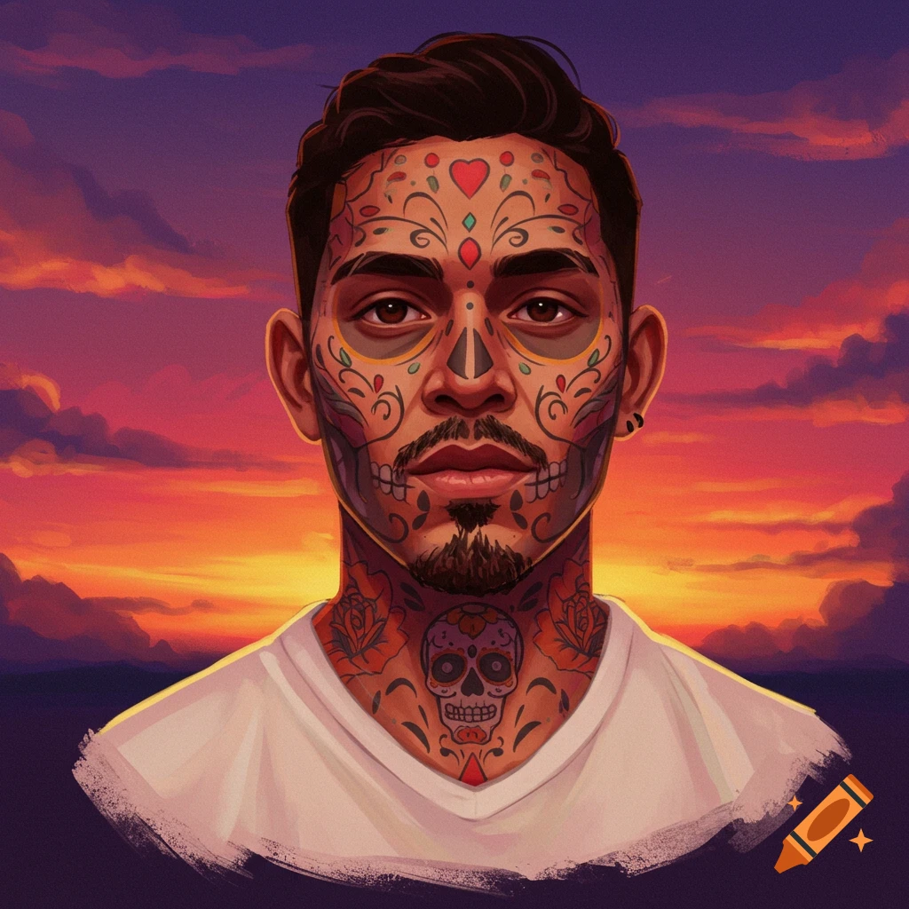 A man with Dia de los Muertos face and neck tattoos against a sunset.