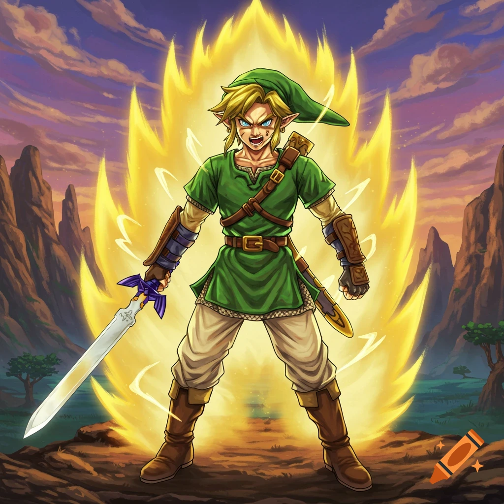 Link from Legend of Zelda as a Super Saiyan, standing with a sword surrounded by a yellow aura in a rocky landscape.