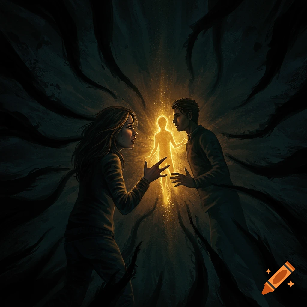 A man and woman reaching towards a glowing figure in a dark environment with tentacles.