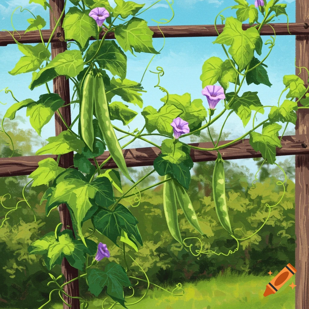A vining plant with green leaves, pods, and purple flowers growing on a wooden trellis.
