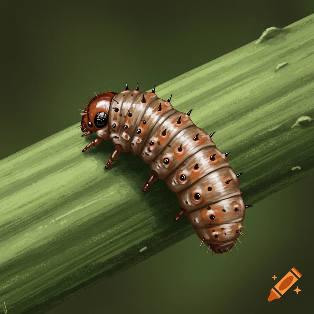 A close-up of a detailed caterpillar on a green stem.