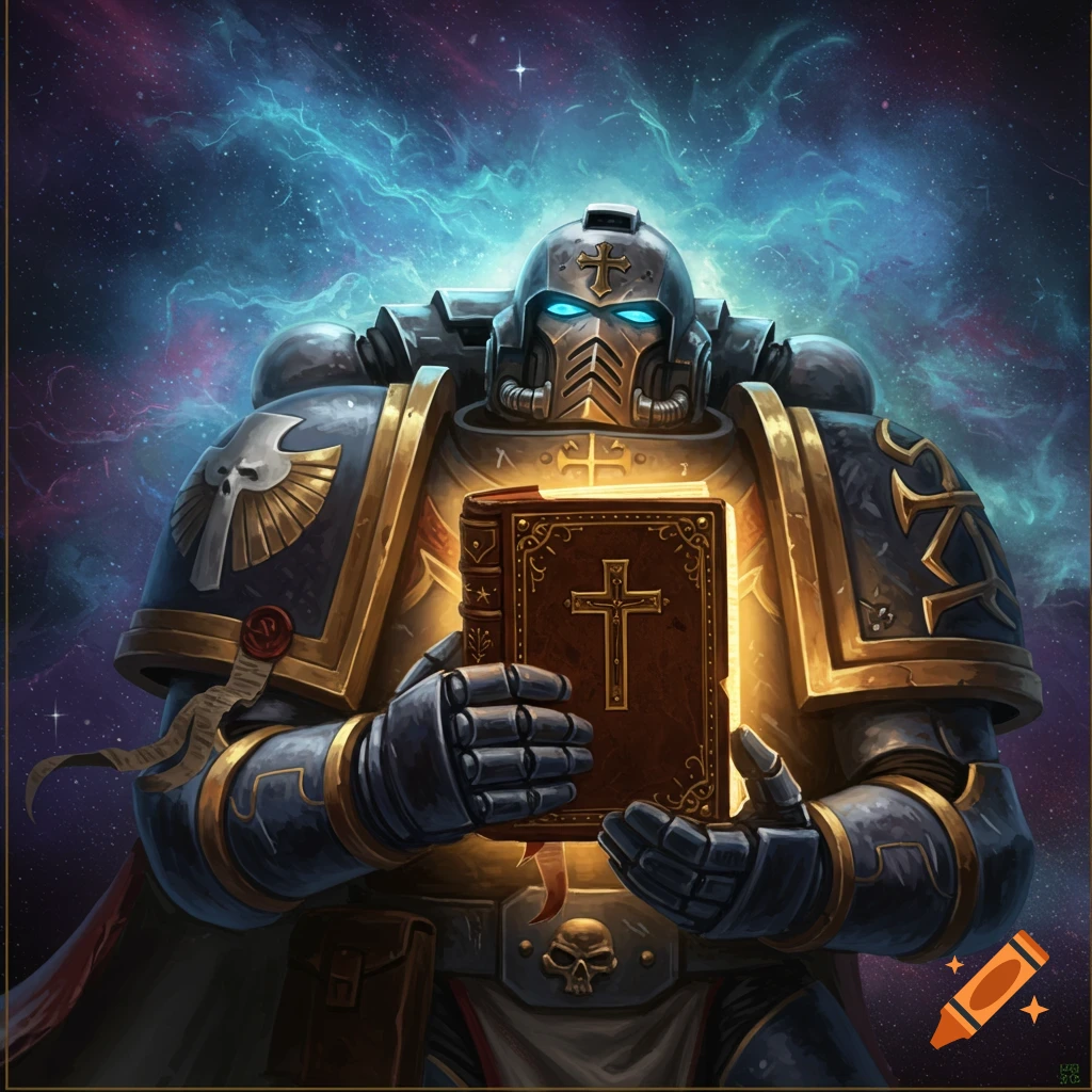 A Space Marine in power armor holding a glowing holy book in front of a nebula background.