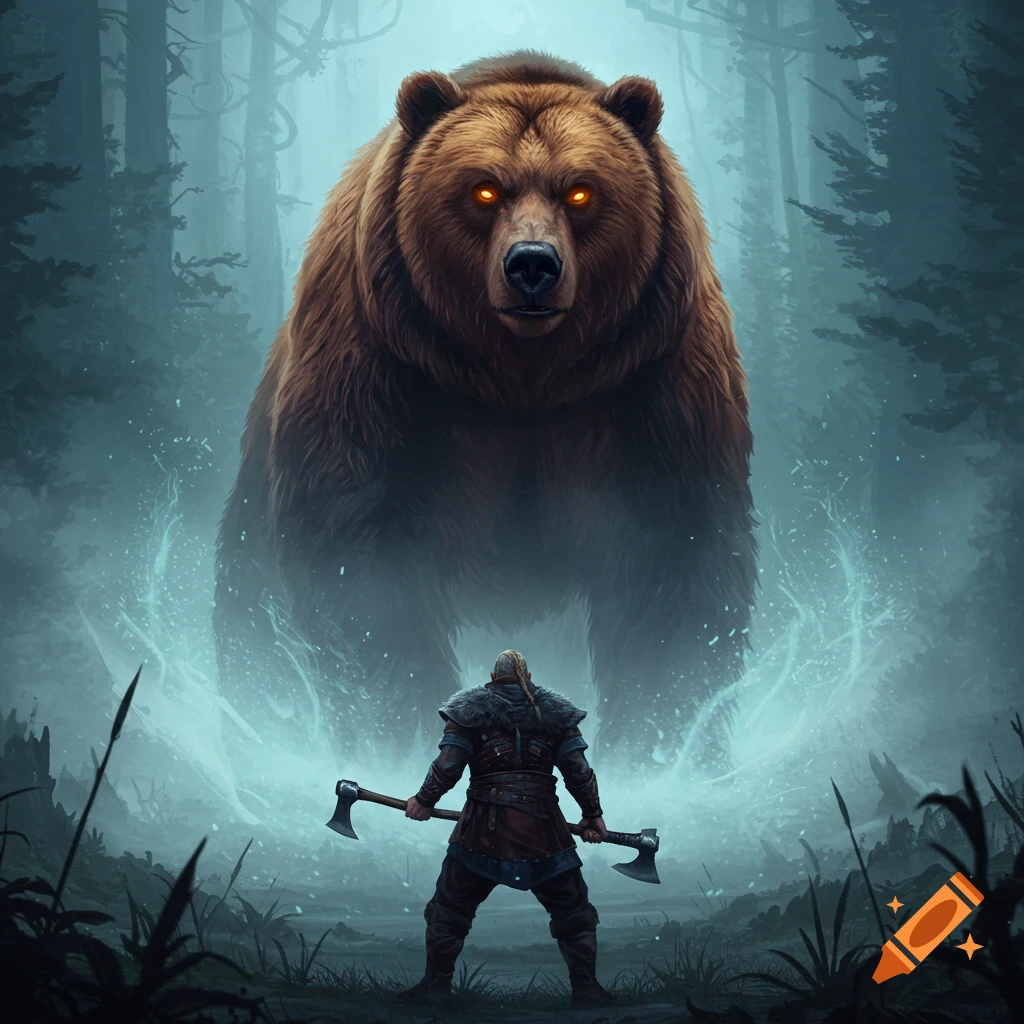 A large bear with glowing eyes stands over a viking warrior with axes in a misty forest.