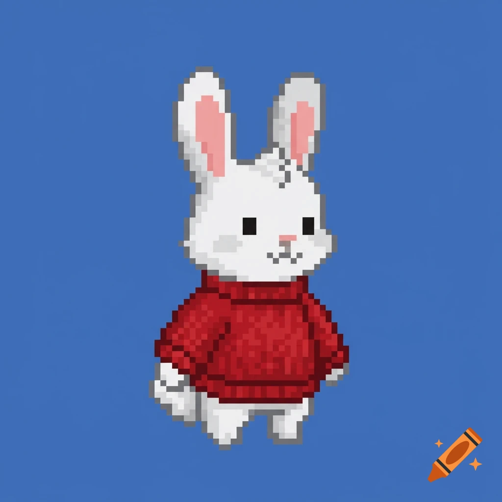 Pixel art of a white rabbit in a red sweater