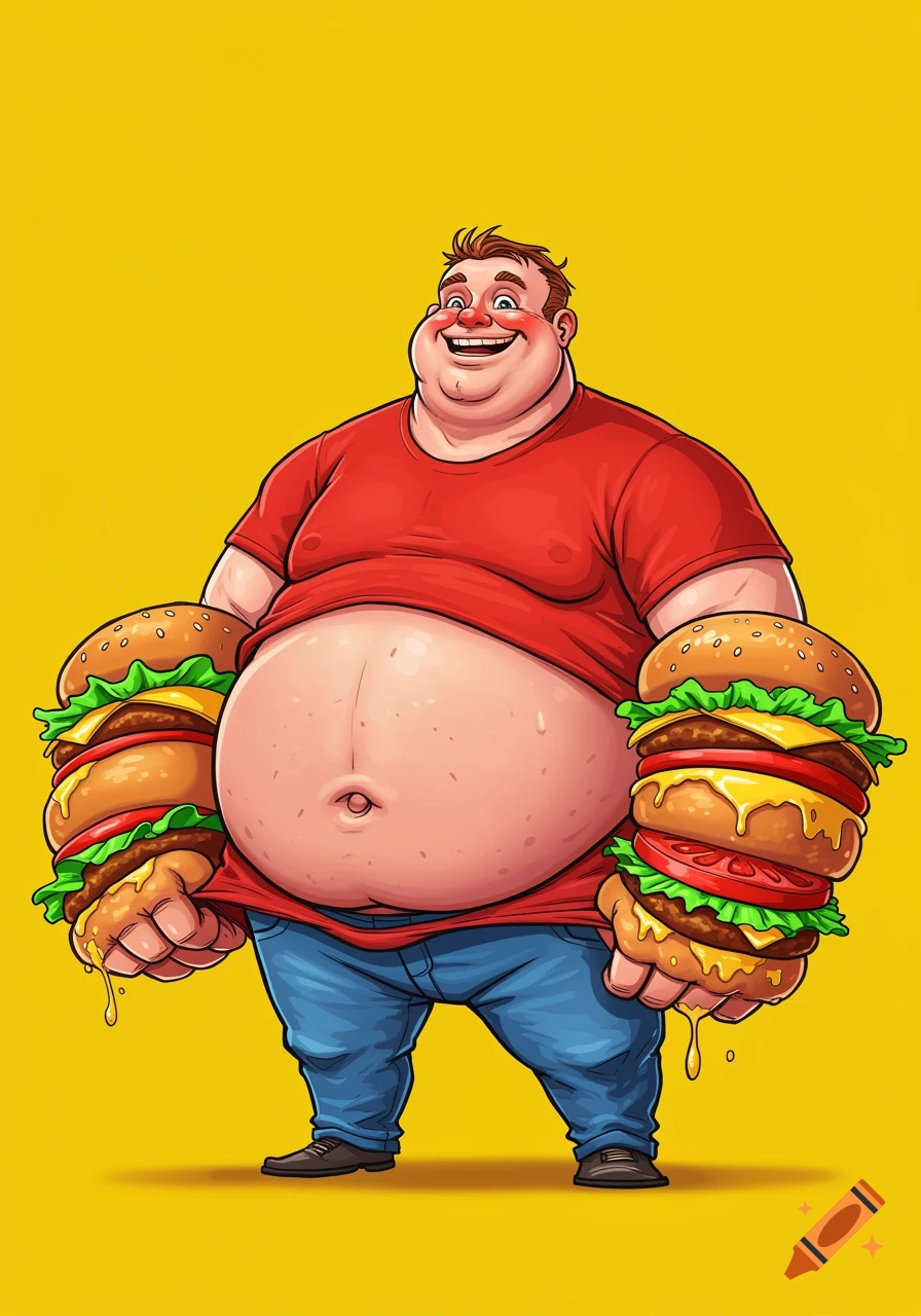 Cartoon of an overweight man with hamburgers for arms smiling against a yellow background.