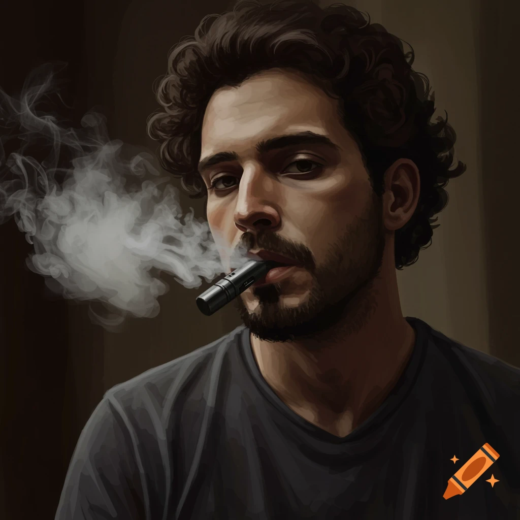 A man vaping in a dimly lit room.