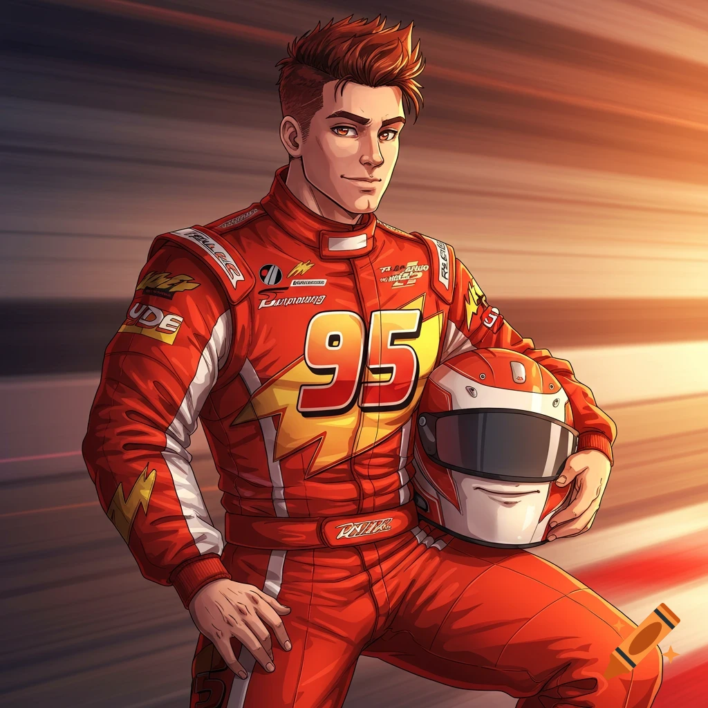Young man in a red racing suit with the number 95, holding a helmet.