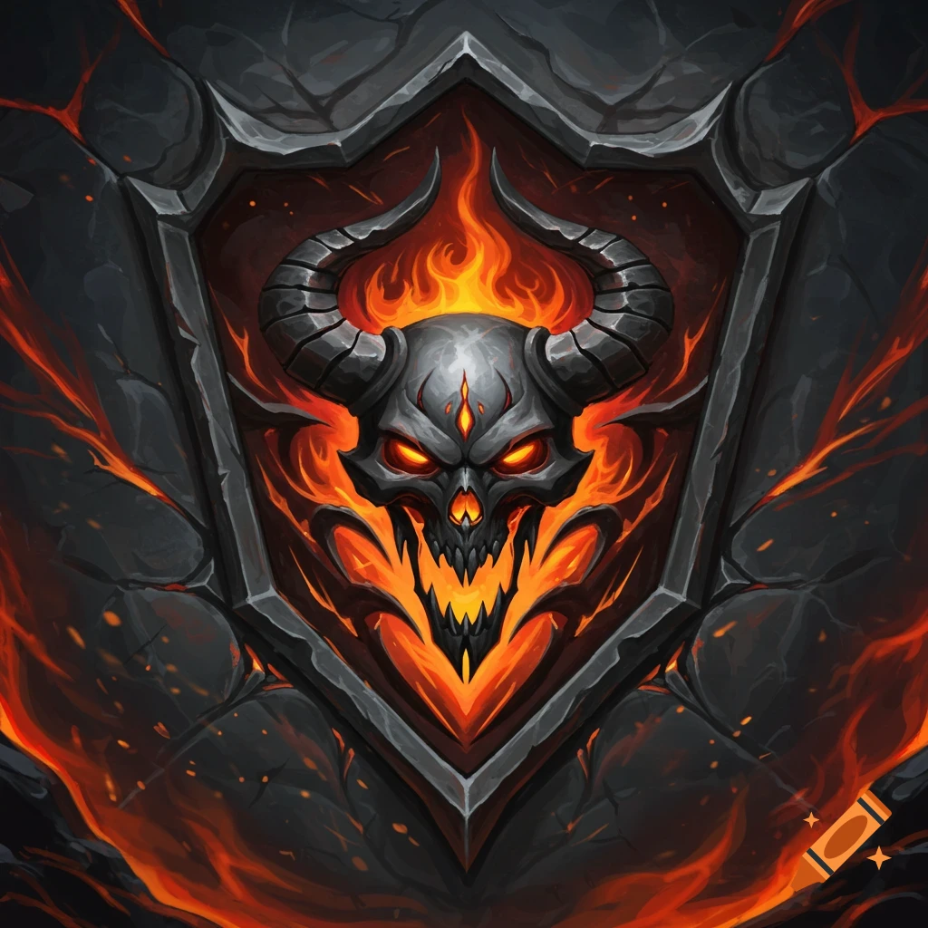 A fiery demon skull on a stone shield emblem.