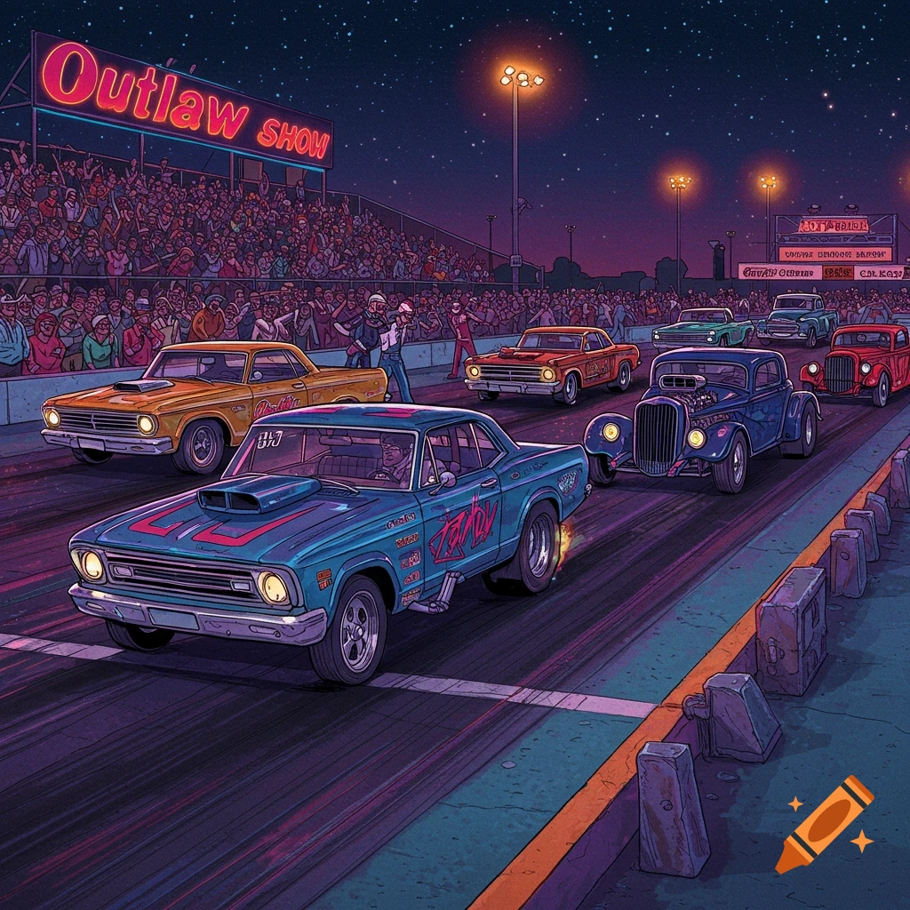 A drag race at night with classic cars lining up and a crowd in the stands.