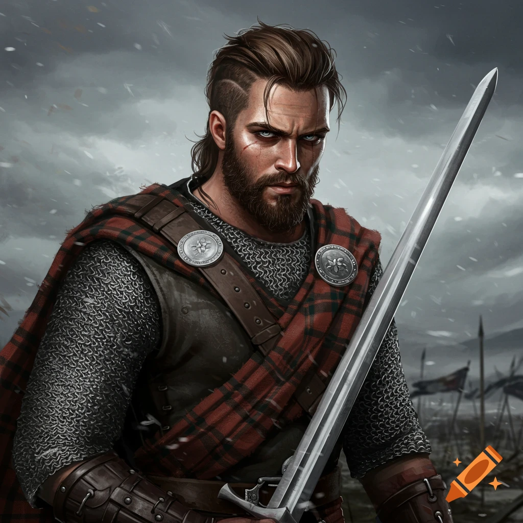 A rugged Scottish warrior in chainmail and tartan, holding a sword in a snowy setting.
