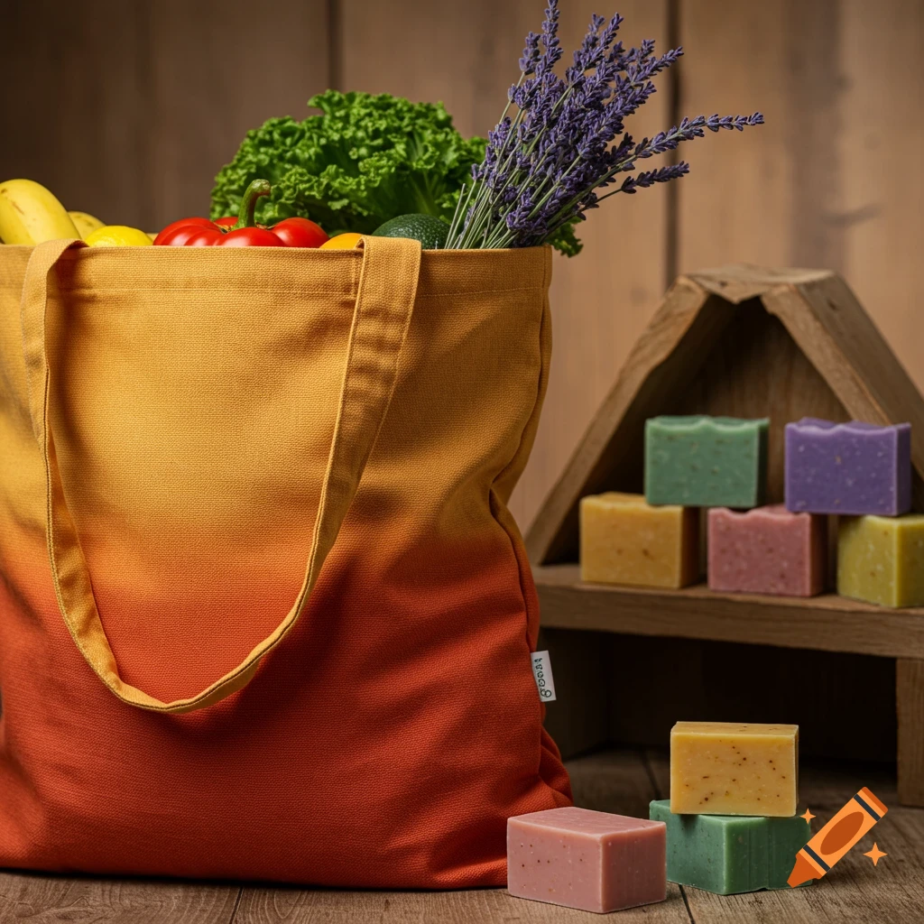 A gradient orange and yellow tote bag overflowing with vegetables and lavender sits next to colorful bars of soap on a wooden table.