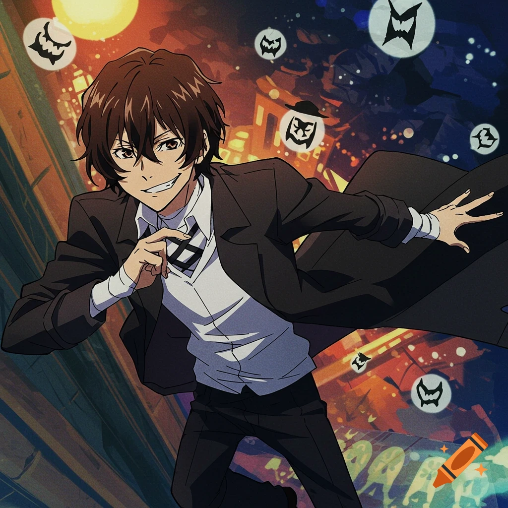 Anime fan art of Dazai Osamu running through a night city with floating symbols