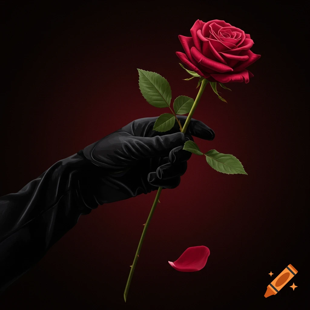 A hand in a black glove holds a single red rose with a falling petal.