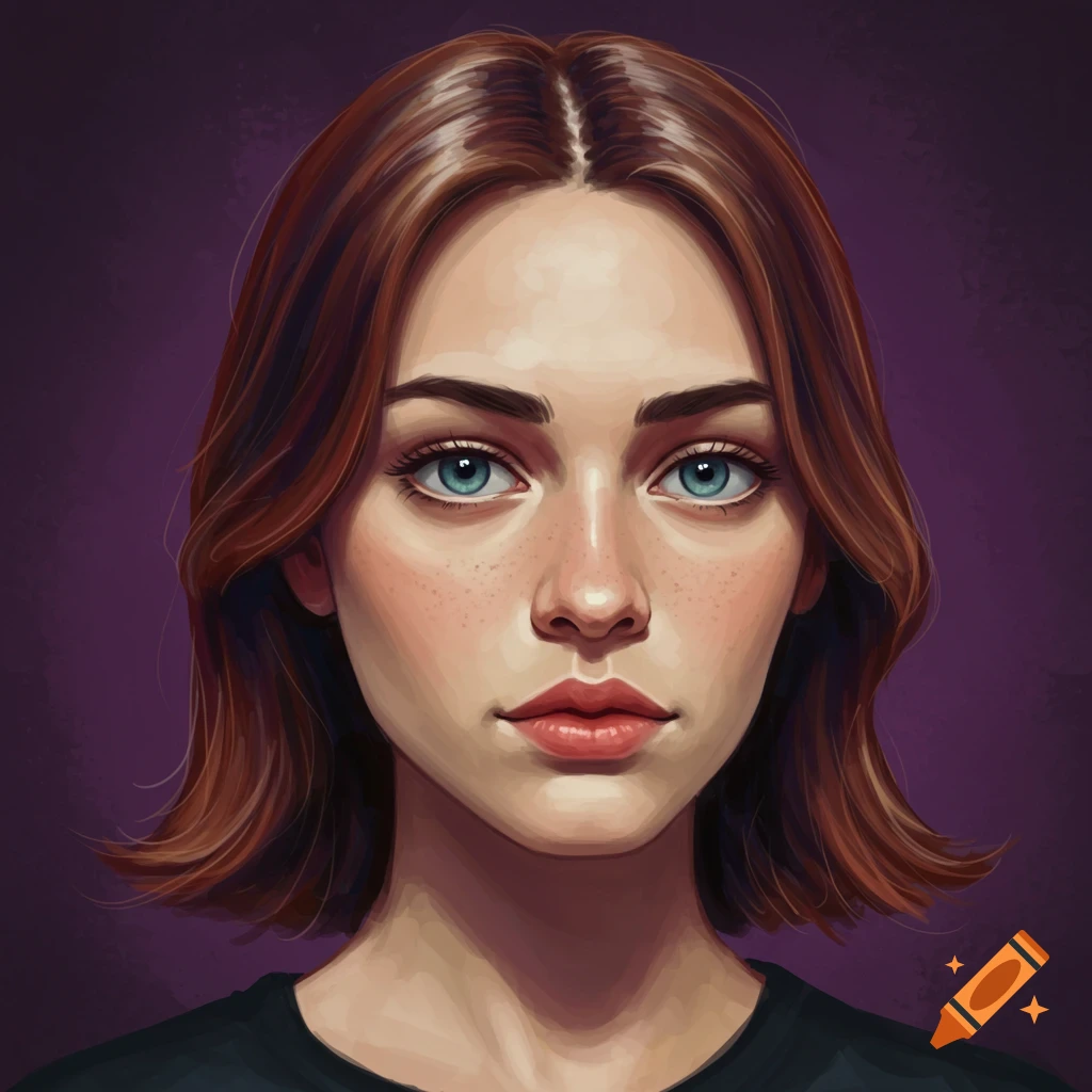 Portrait of a young woman with brown hair and blue eyes against a purple background.
